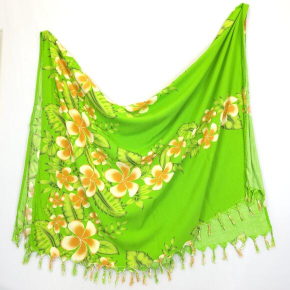 Hawaiian Scarf Wrap Sarong Pink Hibiscus Palm Tree Fringe Green Orange 60x43 - Picture 4 of 5